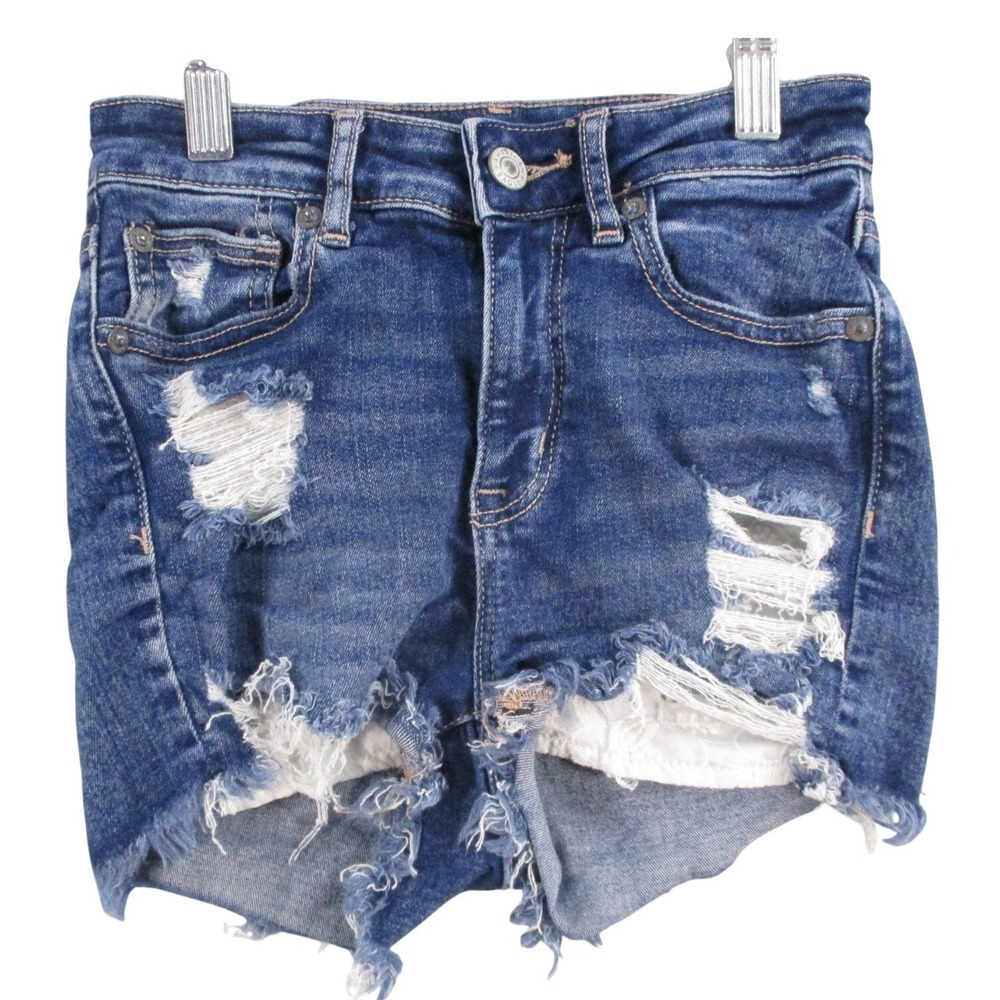 American Eagle Next Level Stretch Distressed Denim Shorts Blue Sz 00 Distressed